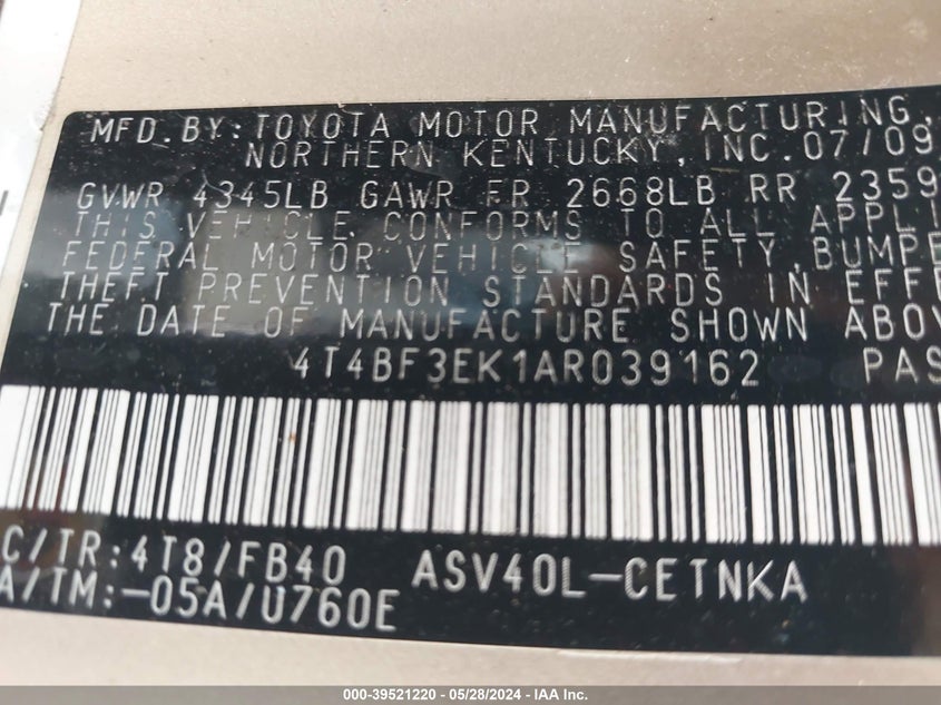 2010 Toyota Camry Le VIN: 4T4BF3EK1AR039162 Lot: 39521220