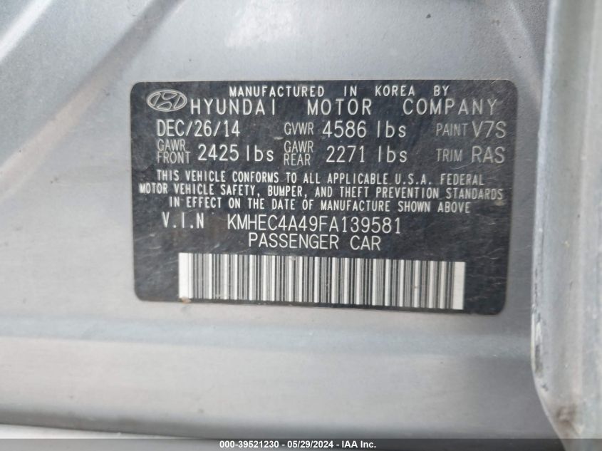2015 Hyundai Sonata Hybrid VIN: KMHEC4A49FA139581 Lot: 39521230