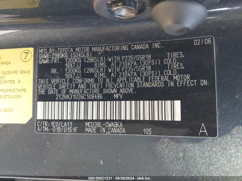 2006 Lexus Rx 330 VIN: 2T2HA31U26C108486 Lot: 39521231