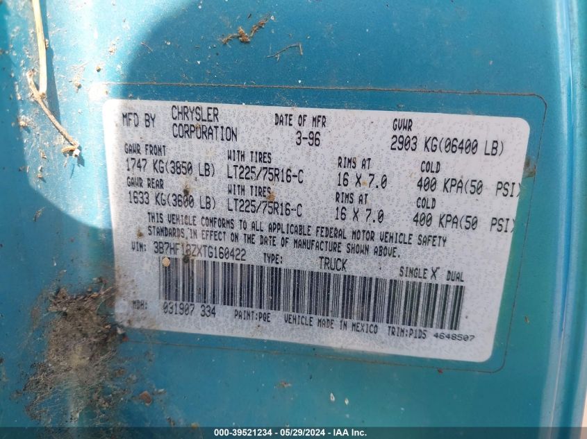 1996 Dodge Ram 1500 VIN: 3B7HF13ZXTG160422 Lot: 39521234