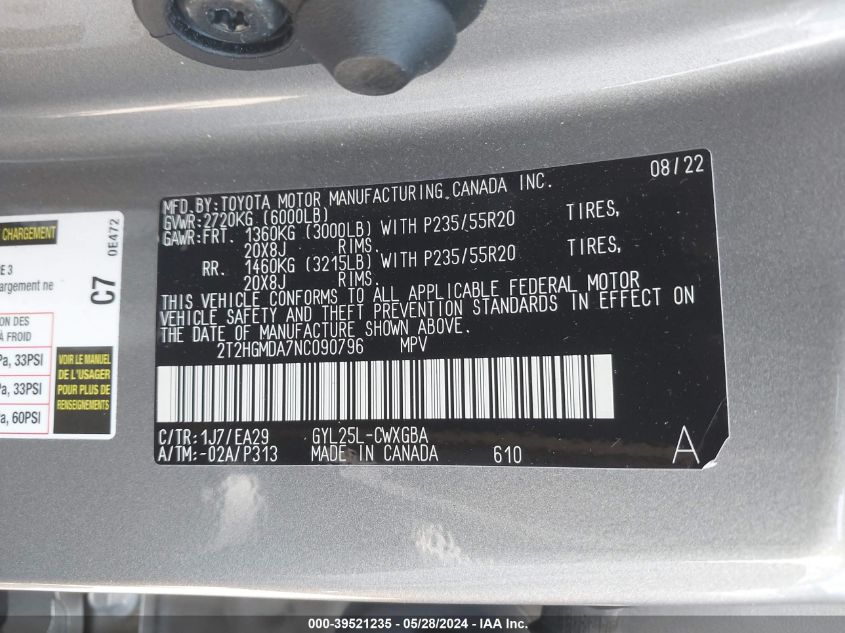 2022 Lexus Rx 450H VIN: 2T2HGMDA7NC090796 Lot: 39521235