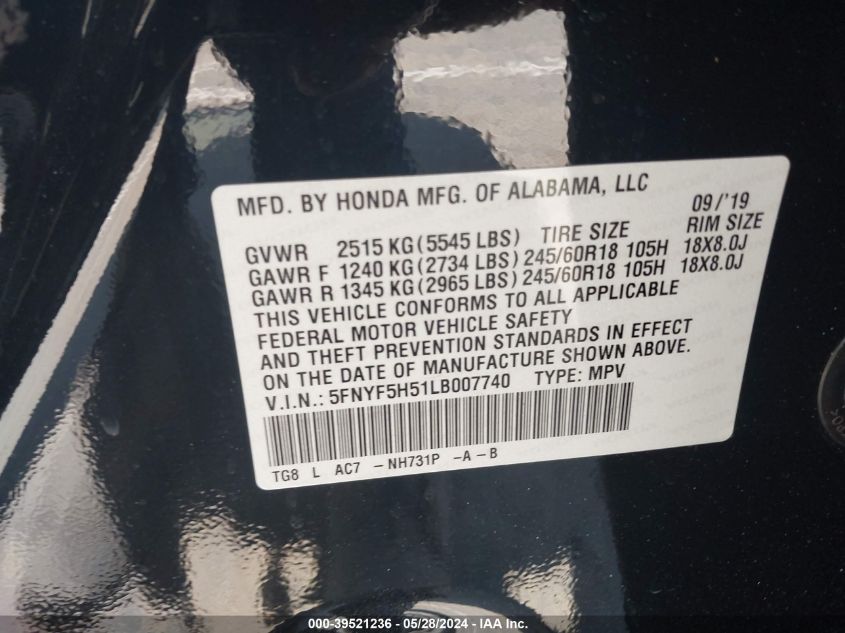 2020 Honda Pilot 2Wd Ex-L VIN: 5FNYF5H51LB007740 Lot: 39521236