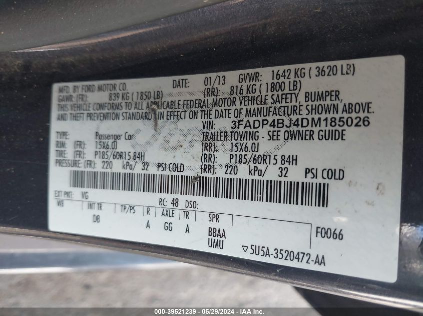 2013 Ford Fiesta Se VIN: 3FADP4BJ4DM185026 Lot: 39521239