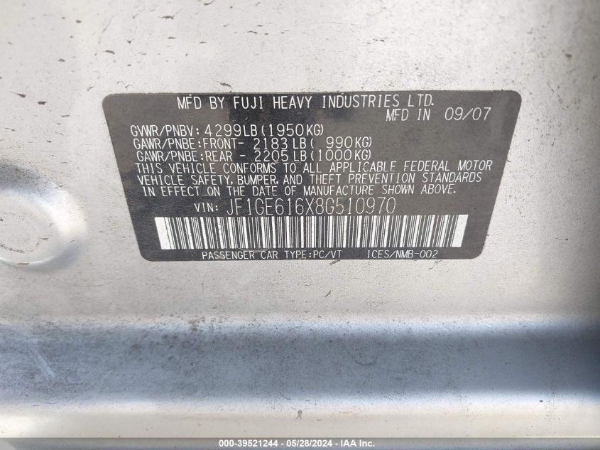 2008 Subaru Impreza 2.5I VIN: JF1GE616X8G510970 Lot: 39521244