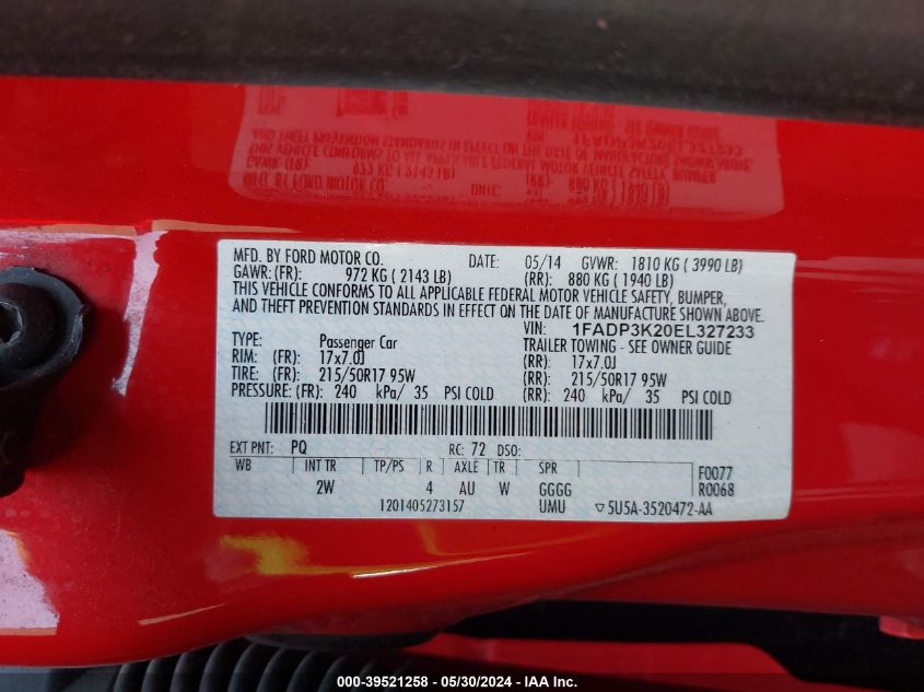 2014 Ford Focus Se VIN: 1FADP3K20EL327233 Lot: 39521258