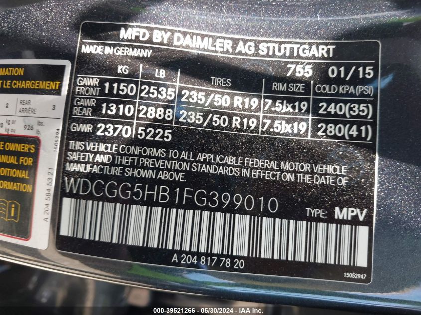 2015 Mercedes-Benz Glk 350 VIN: WDCGG5HB1FG399010 Lot: 39521266
