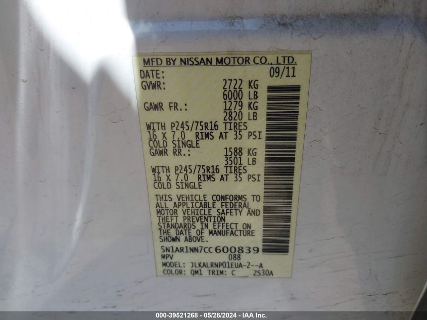 2012 Nissan Pathfinder S VIN: 5N1AR1NN7CC600839 Lot: 39521268