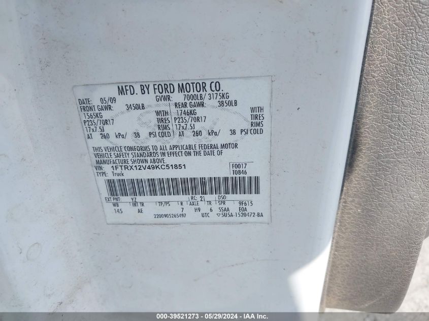 2009 Ford F-150 Lariat/Xl/Xlt VIN: 1FTRX12V49KC51851 Lot: 39521273