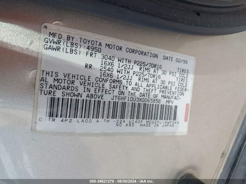 1999 Lexus Rx 300 VIN: JT6HF10U3X0065856 Lot: 39521278