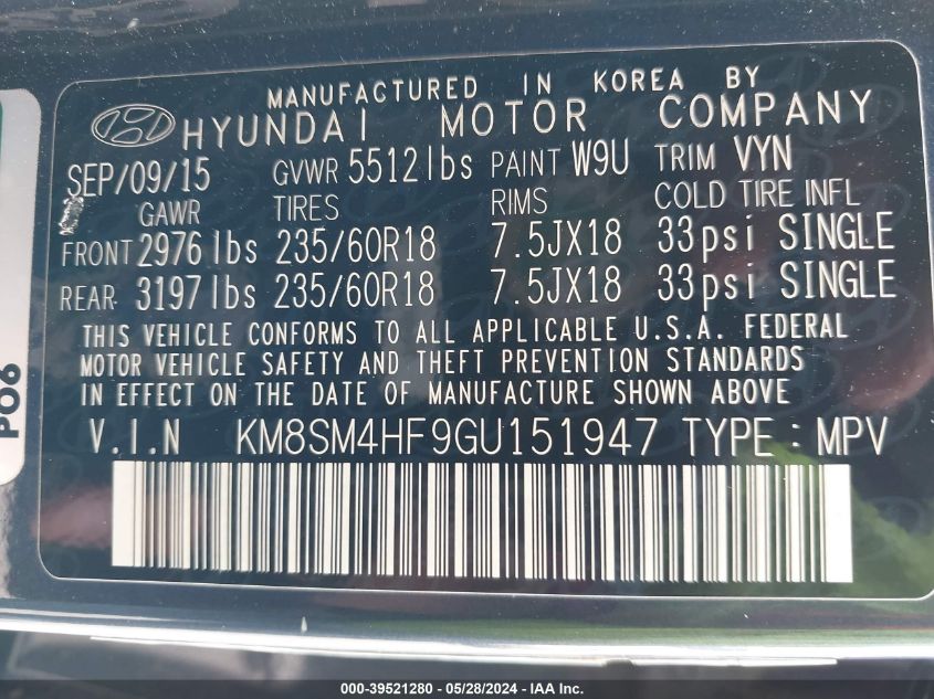 2016 Hyundai Santa Fe Se VIN: KM8SM4HF9GU151947 Lot: 39521280