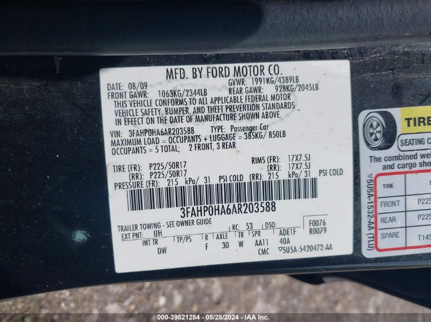 2010 Ford Fusion Se VIN: 3FAHP0HA6AR203588 Lot: 39521284