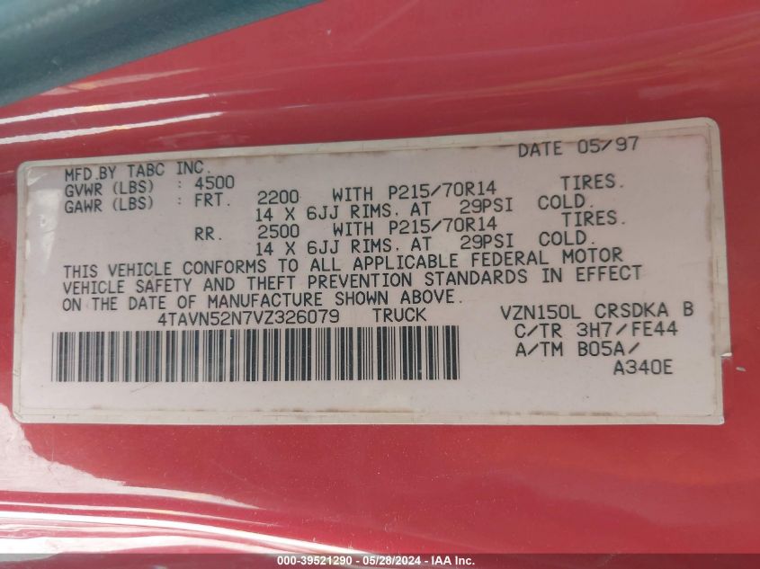 1997 Toyota Tacoma Base V6 VIN: 4TAVN52N7VZ326079 Lot: 39521290