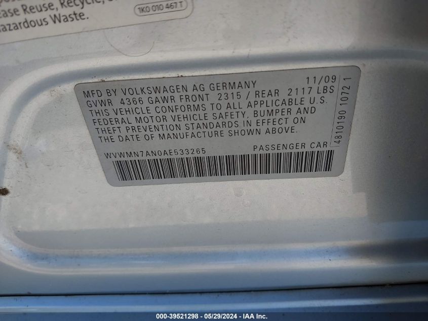 2010 Volkswagen Cc Sport VIN: WVWMN7AN0AE533265 Lot: 39521298