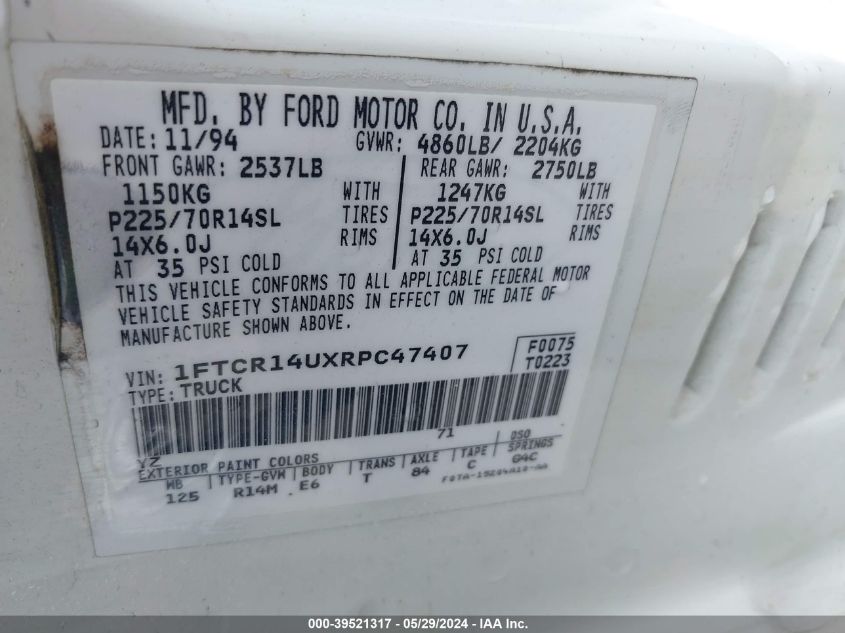 1994 Ford Ranger Super Cab VIN: 1FTCR14UXRPC47407 Lot: 39521317