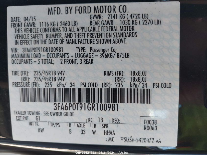 2016 Ford Fusion Se VIN: 3FA6P0T91GR100981 Lot: 39521323