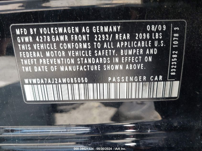 2010 Volkswagen Golf 4-Door VIN: WVWDA7AJ2AW085050 Lot: 39521324