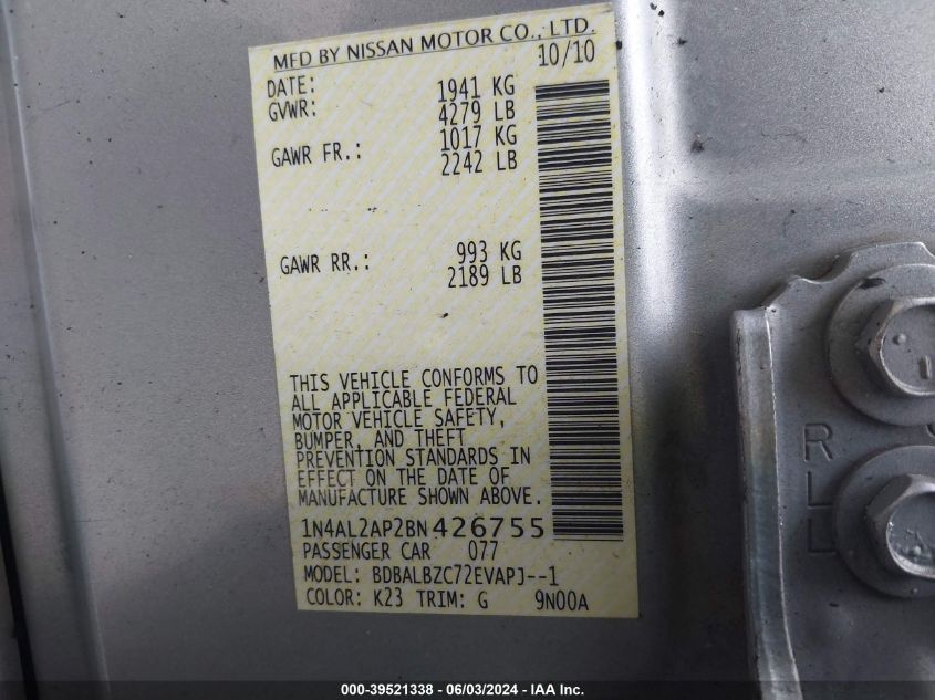 2011 Nissan Altima 2.5 S VIN: 1N4AL2AP2BN426755 Lot: 39521338