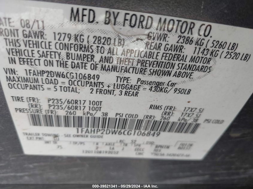 2012 Ford Taurus Se VIN: 1FAHP2DW6CG106849 Lot: 39521341