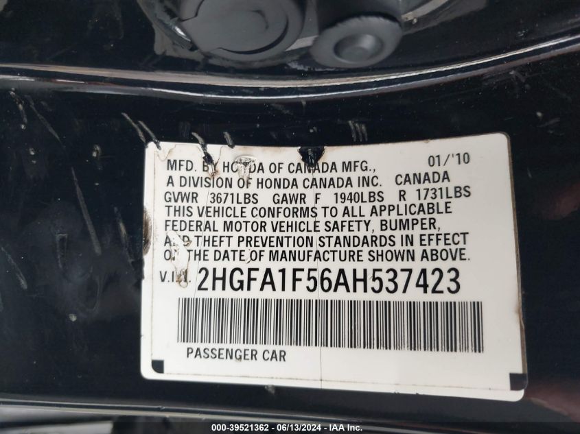 2010 Honda Civic Lx VIN: 2HGFA1F56AH537423 Lot: 39521362