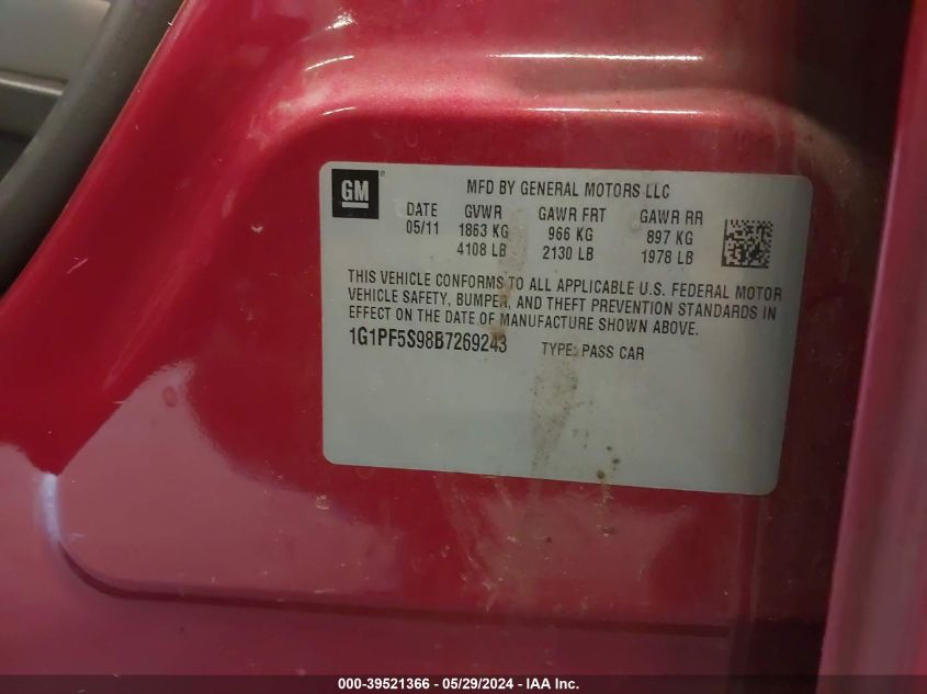 2011 Chevrolet Cruze 1Lt VIN: 1G1PF5S98B7269243 Lot: 39521366