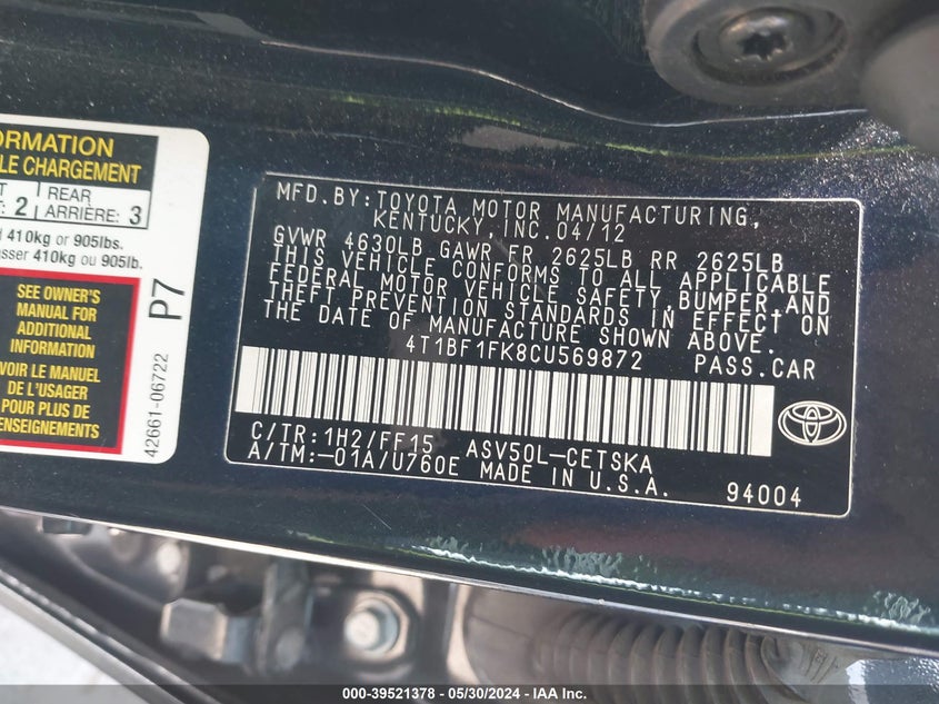 2012 Toyota Camry Se VIN: 4T1BF1FK8CU569872 Lot: 39521378