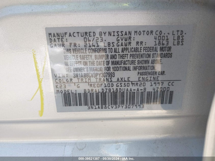 2023 NISSAN SENTRA 2.0L I4   N(VIN: 3N1AB8CV3PY307993