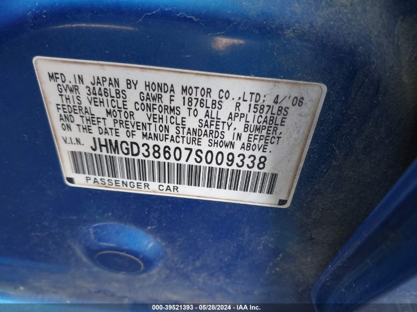 2007 Honda Fit Sport VIN: JHMGD38607S009338 Lot: 39521393