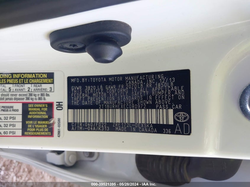 2014 Toyota Corolla S Plus VIN: 2T1BURHEXEC080972 Lot: 39521395