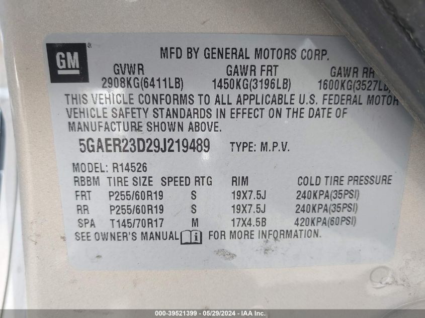 2009 Buick Enclave Cxl VIN: 5GAER23D29J219489 Lot: 39521399