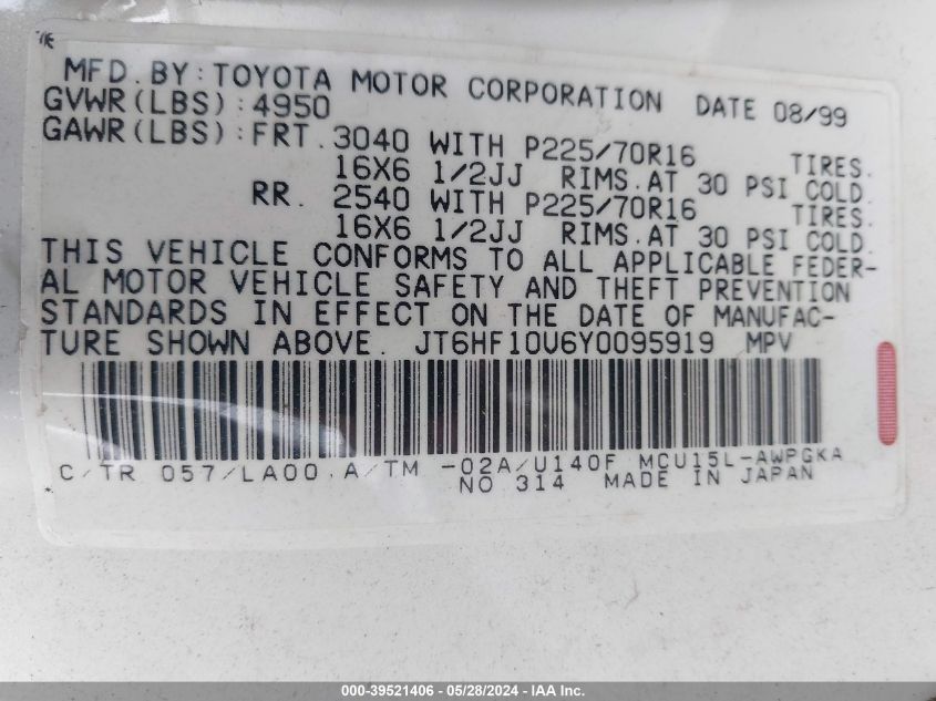 2000 Lexus Rx 300 VIN: JT6HF10U6Y0095919 Lot: 39521406