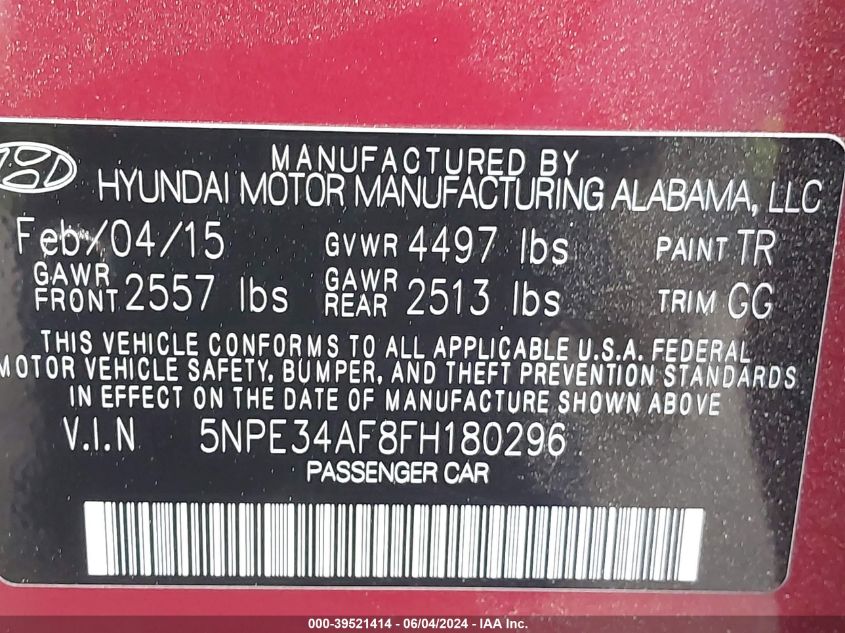 2015 Hyundai Sonata Sport VIN: 5NPE34AF8FH180296 Lot: 39521414