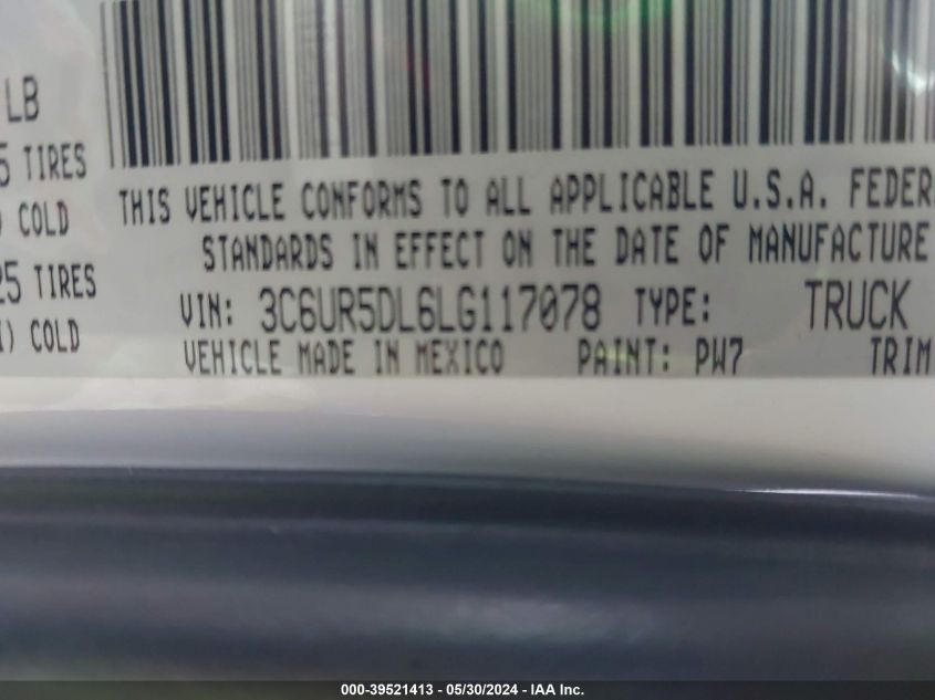 2020 Ram 2500 Big Horn 4X4 6'4 Box VIN: 3C6UR5DL6LG117078 Lot: 39521413