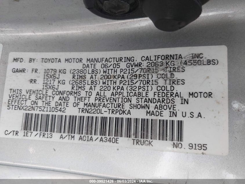 2005 Toyota Tacoma VIN: 5TENX22N75Z110542 Lot: 39521426