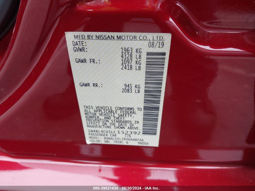 2020 Nissan Altima Sr Fwd VIN: 1N4BL4CV1LC152392 Lot: 39521430