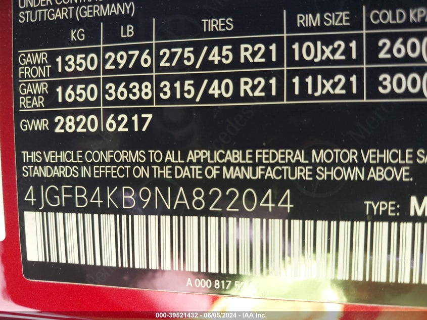 2022 MERCEDES-BENZ GLE 350 4MATIC VIN: 4JGFB4KB9NA822044