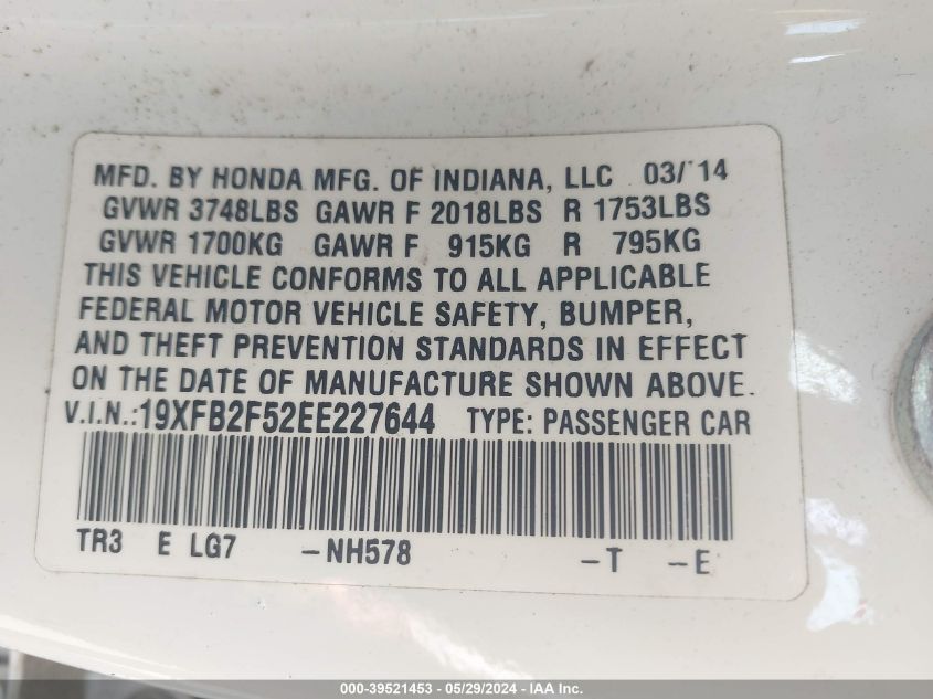 2014 Honda Civic Lx VIN: 19XFB2F52EE227644 Lot: 39521453