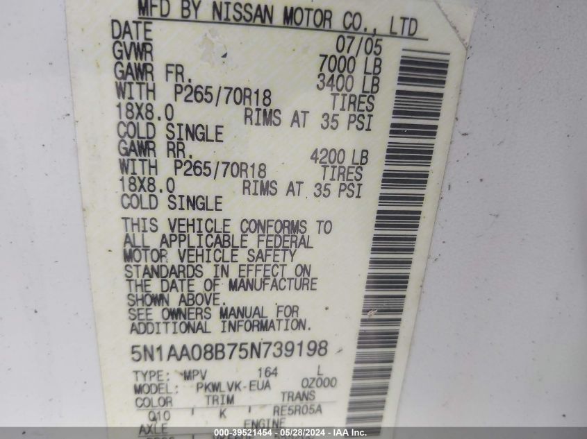 2005 Nissan Armada Se/Le VIN: 5N1AA08B75N739198 Lot: 39521454