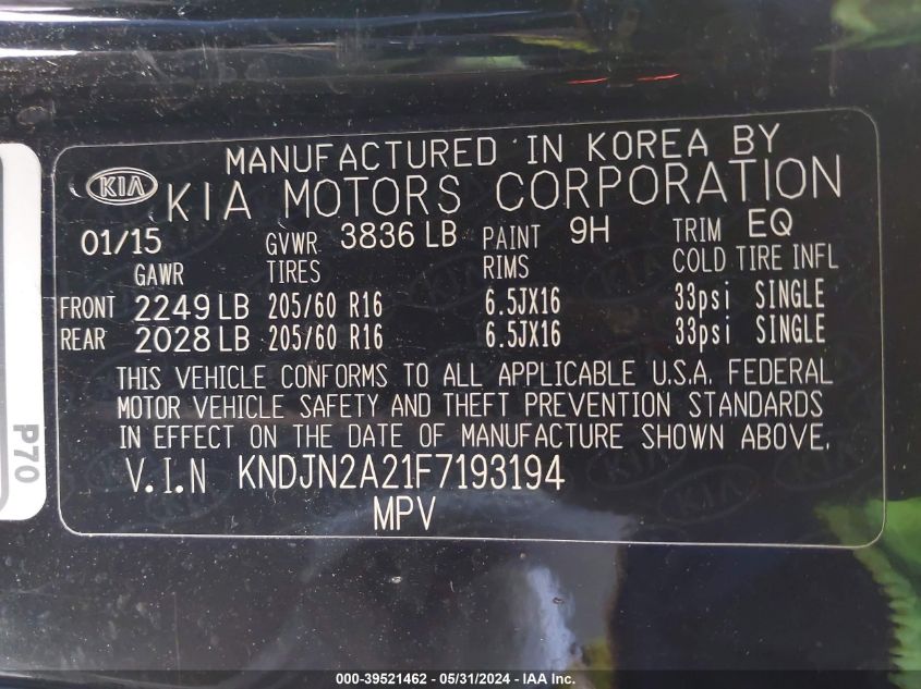 2015 Kia Soul VIN: KNDJN2A21F7193194 Lot: 39521462