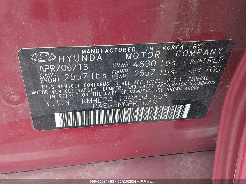 2016 Hyundai Sonata Hybrid Se VIN: KMHE24L13GA041606 Lot: 39521463