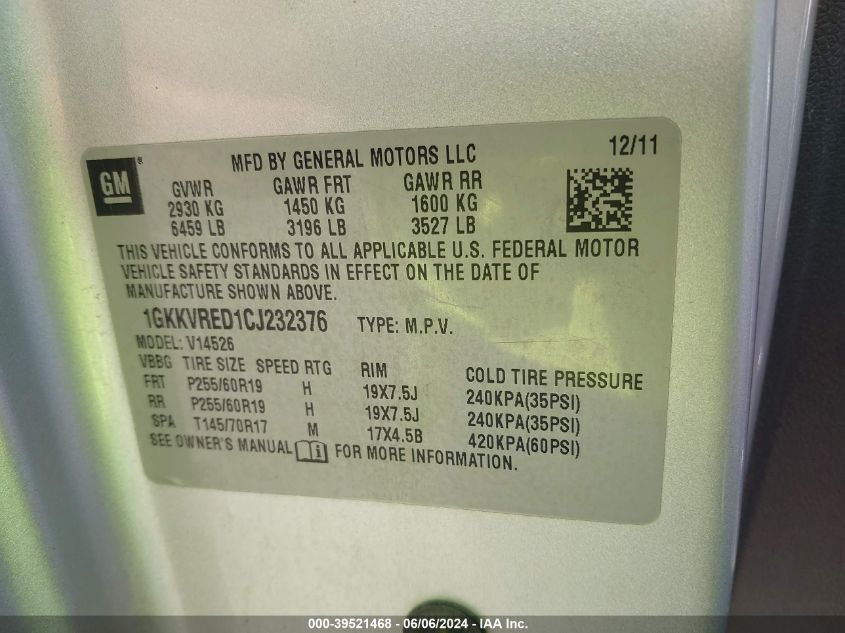 2012 GMC Acadia Slt-1 VIN: 1GKKVRED1CJ232376 Lot: 39521468