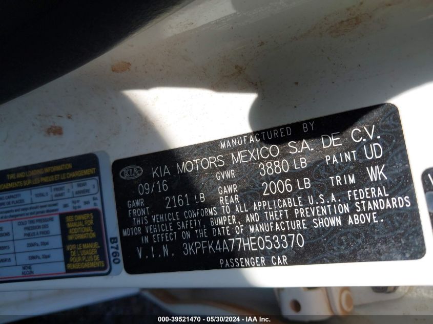 2017 Kia Forte Lx VIN: 3KPFK4A77HE053370 Lot: 39521470