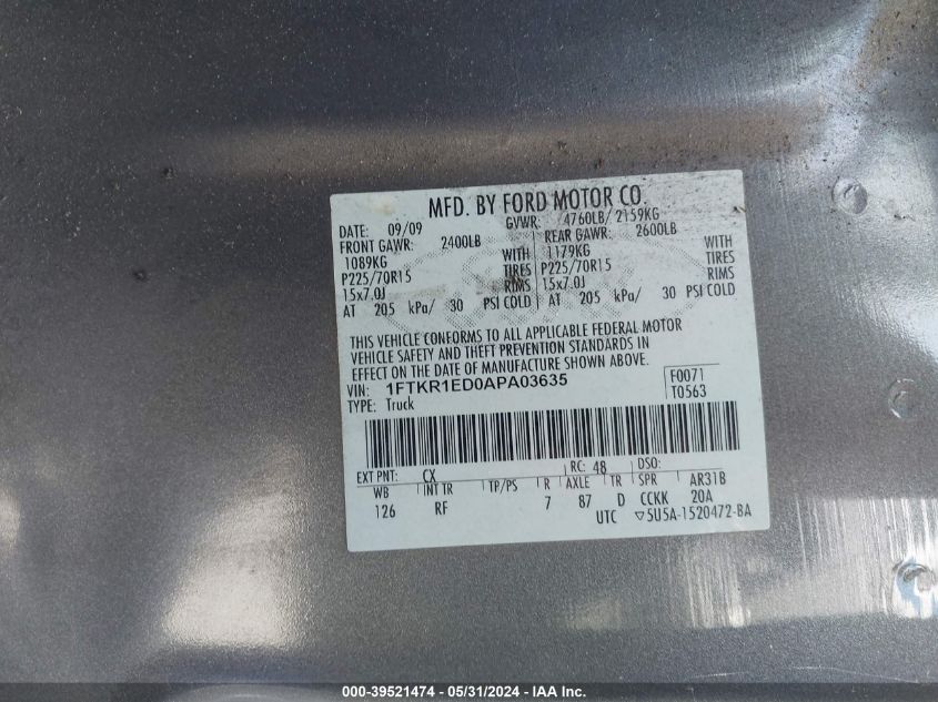 2010 Ford Ranger Xl/Xlt VIN: 1FTKR1ED0APA03635 Lot: 39521474