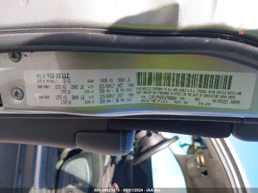 2015 Jeep Cherokee Sport VIN: 1C4PJMAB3FW708834 Lot: 39521475