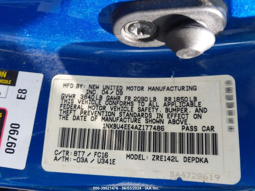 2010 Toyota Corolla Le VIN: 1NXBU4EE4AZ177486 Lot: 39521476