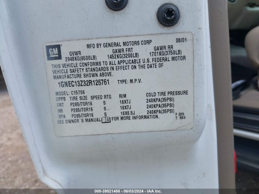 2002 Chevrolet Tahoe Ls VIN: 1GNEC13Z32R126761 Lot: 39521488