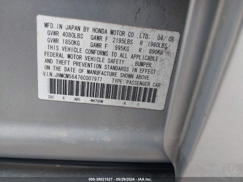 2006 Honda Accord 2.4 Lx VIN: JHMCM56476C007977 Lot: 39521527