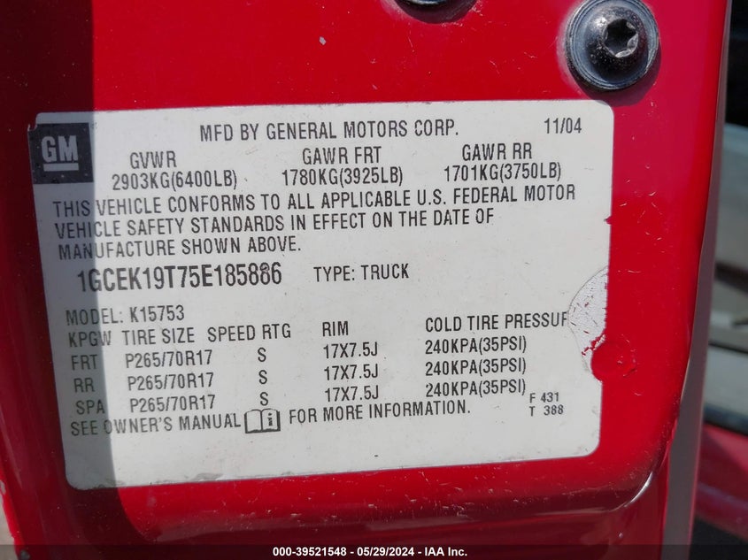 2005 Chevrolet Silverado 1500 Ls VIN: 1GCEK19T75E185886 Lot: 39521548