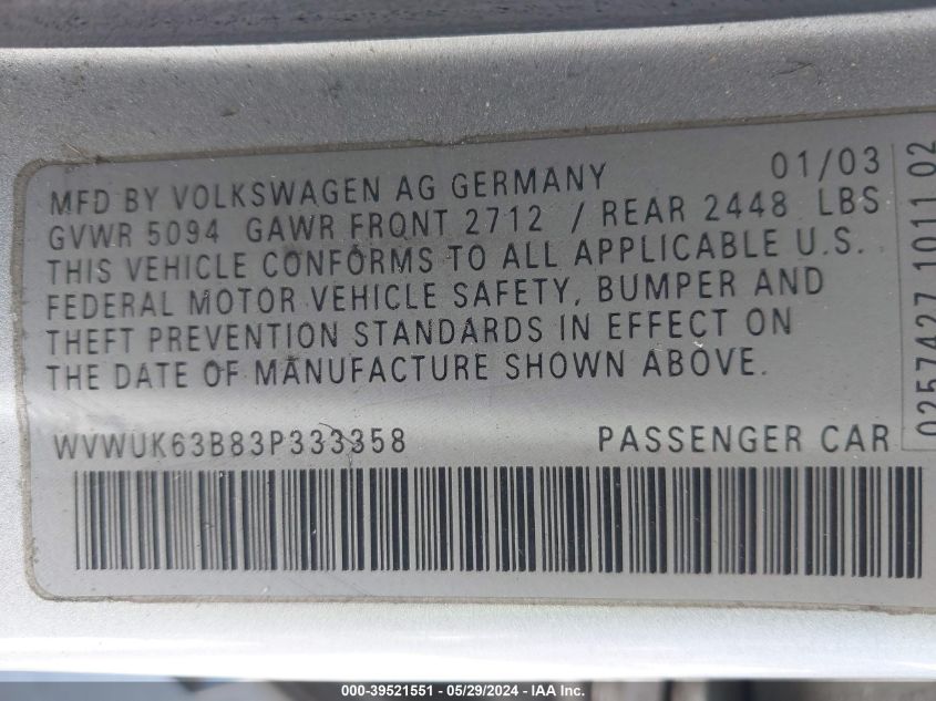 2003 Volkswagen Passat W8 VIN: WVWUK63B83P333358 Lot: 39521551