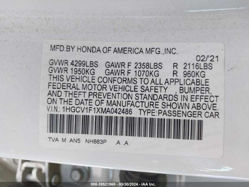 2021 Honda Accord Lx VIN: 1HGCV1F1XMA042486 Lot: 39521568