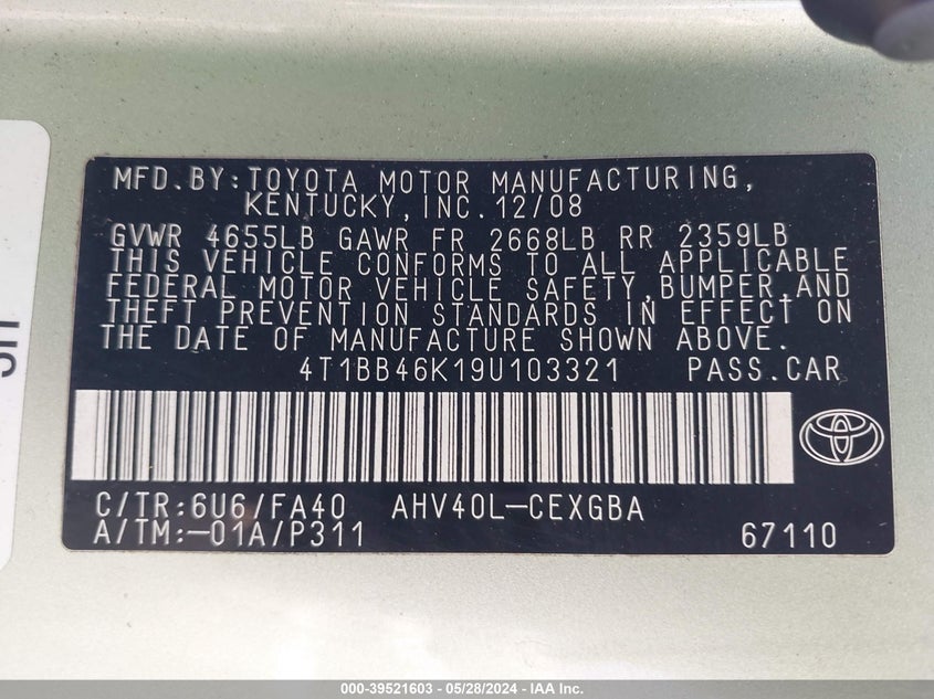 2009 Toyota Camry Hybrid VIN: 4T1BB46K19U103321 Lot: 39521603